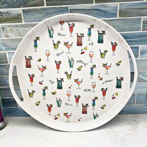 Novogratz Tray Cocktail Beverage Party Round White & Multi Melamine Handled 12"